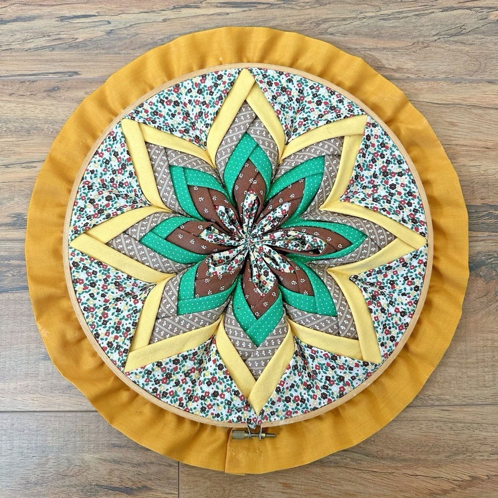 Handmade Folded Star‎ Quilt Wall Hanging Embroidery Hoop Floral Decor 13"